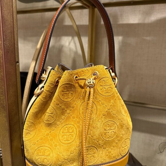 NEW! Tory Burch T-Monogram SUEDE EMBOSSED Bucket -large Claret (Deep Sunflower) - Picture 11 of 15